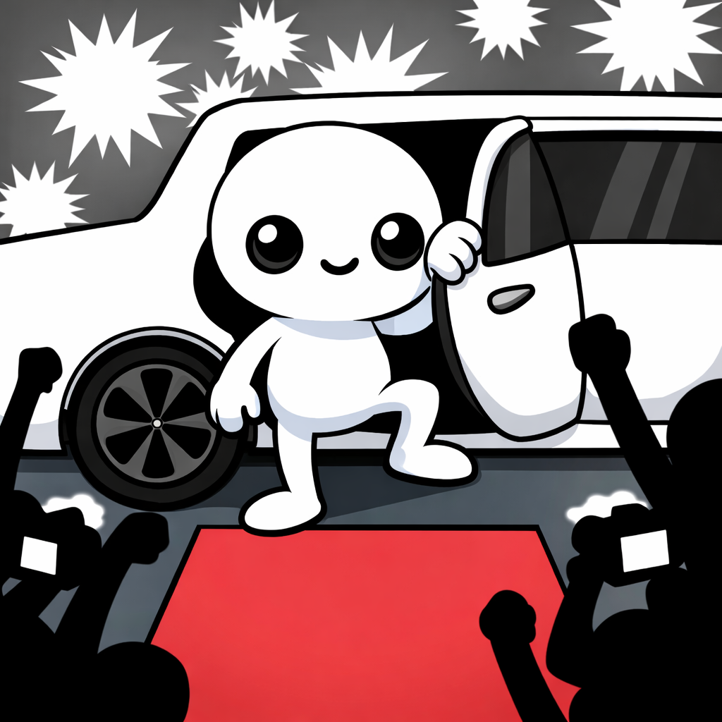 Blimbo stepping out of a white car onto a red carpet with flashing cameras.